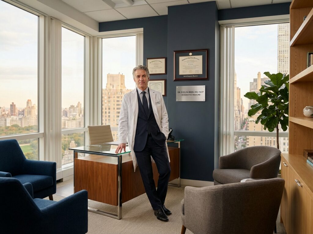 Board certified hair transplant surgeon in elegant NYC medical office with credentials displayed