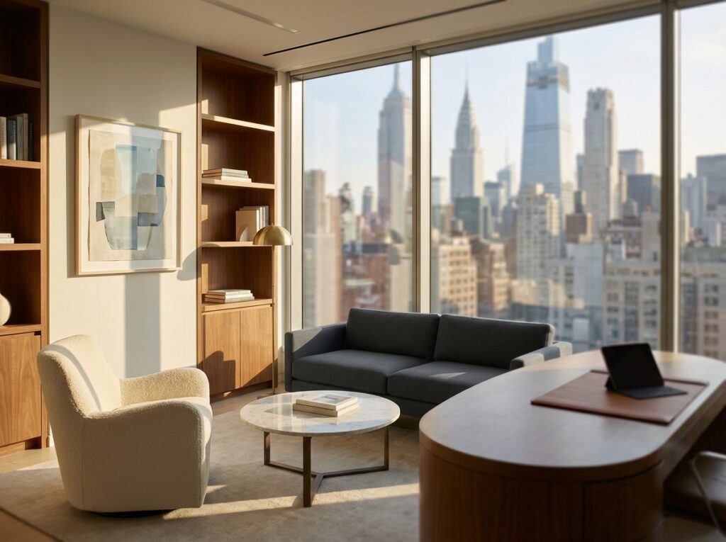 Elegant Manhattan medical office interior representing premium FUE hair transplant consultation space