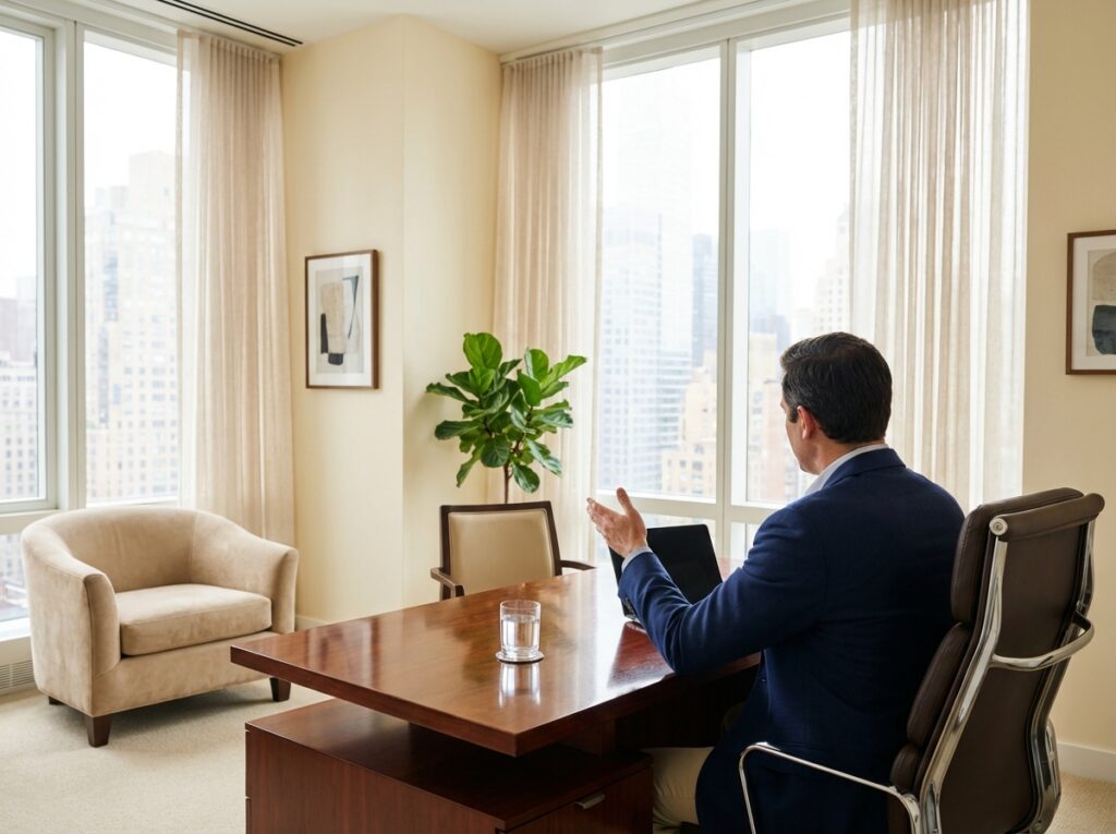 Modern consultation room setting for hair transplant consultation showing professional medical office