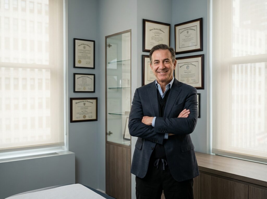 Confident hair transplant surgeon in modern Manhattan medical office with credentials displayed