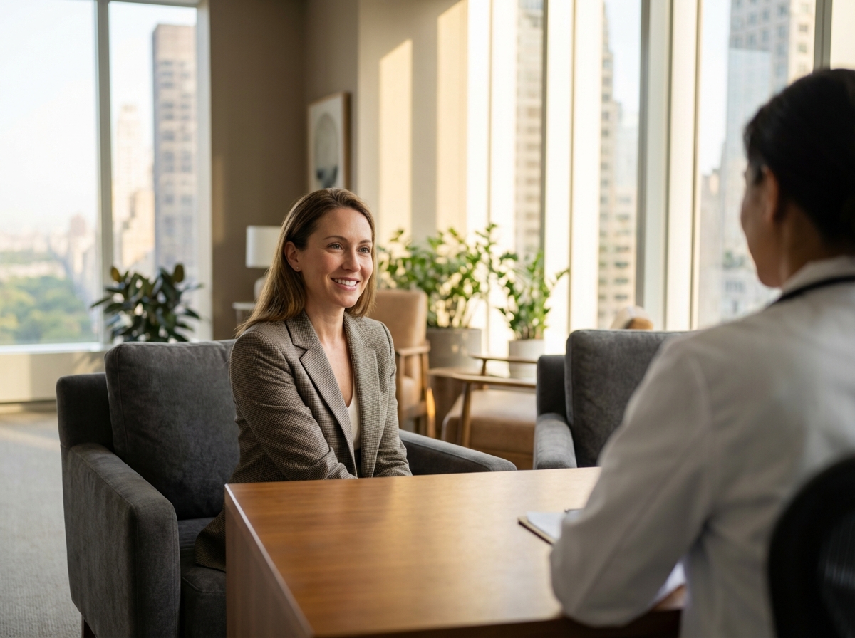 Confident patient in modern NYC hair loss treatment consultation room with city views