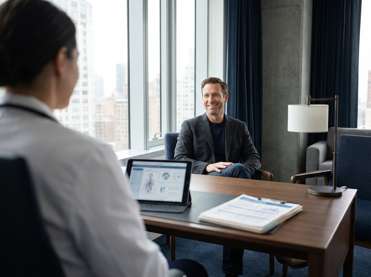 Patient consulting with hair restoration treatment specialist in modern NYC medical office
