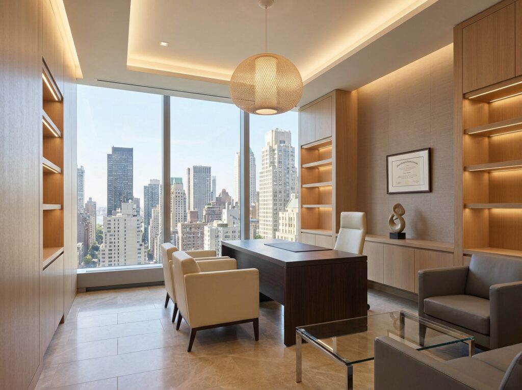 Luxury Madison Avenue hair restoration clinic consultation room with Manhattan skyline views