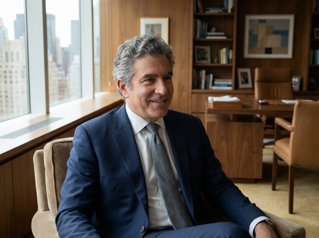 Confident mature man showing long-term hair transplant results in professional setting