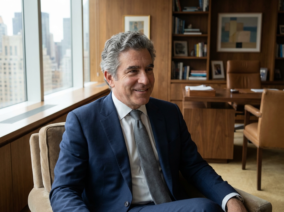 Confident mature man showing long-term hair transplant results in professional setting