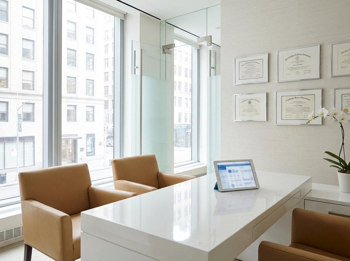 Modern hair surgical transplant consultation room showing professional medical facility safety standards