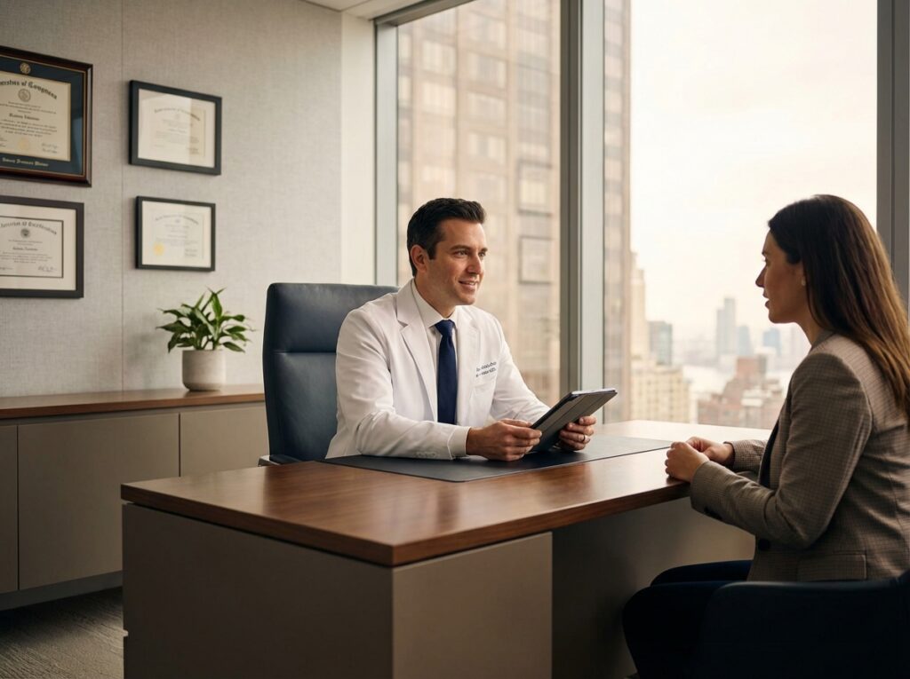 Professional hair restoration doctor consulting with patient in modern Manhattan medical office