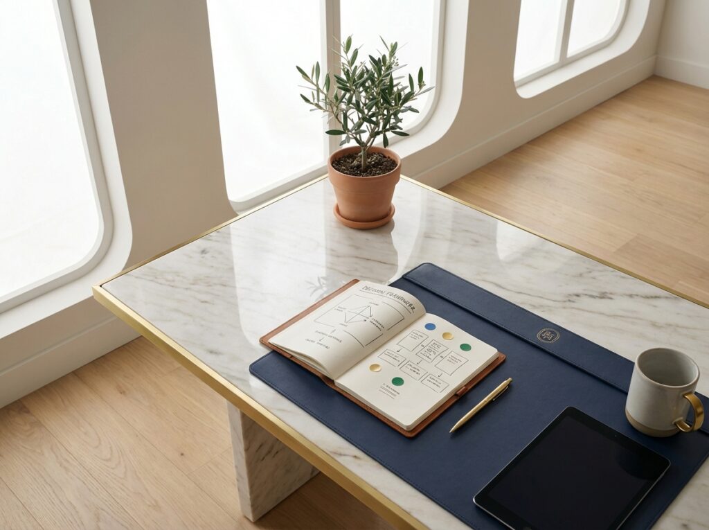 Elegant consultation desk showing hair restoration decision framework in upscale NYC medical office