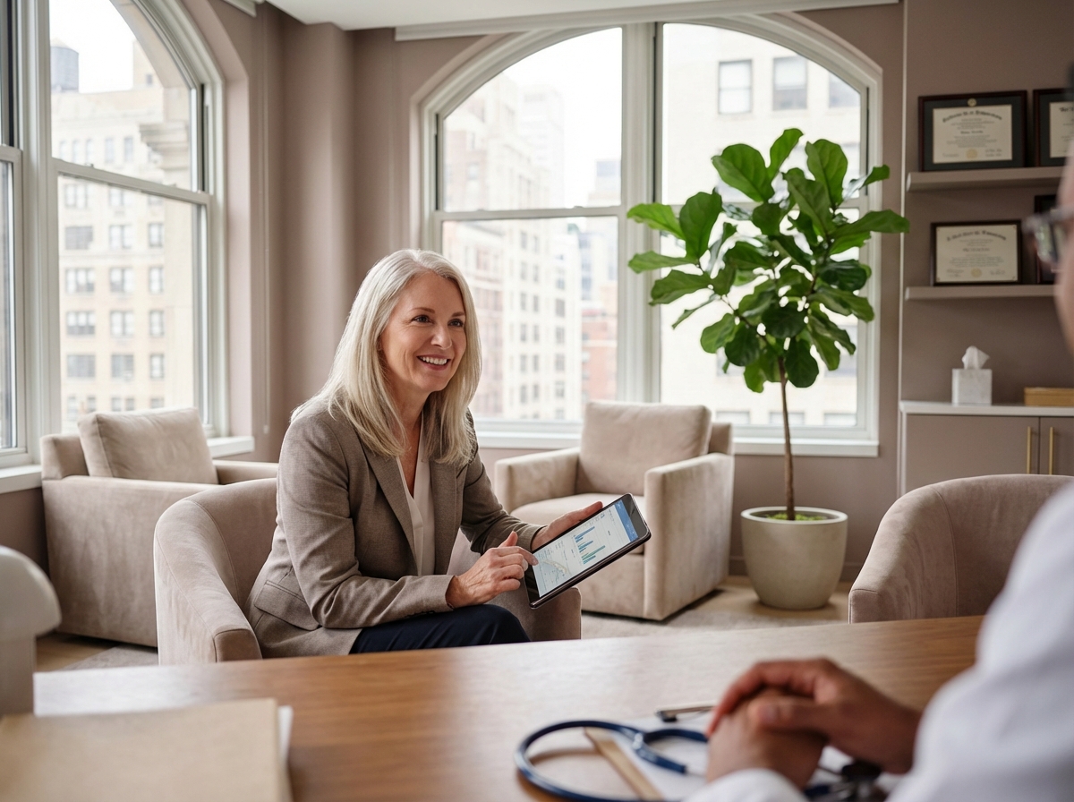 Woman consulting about treatment for women's hair loss in modern medical office