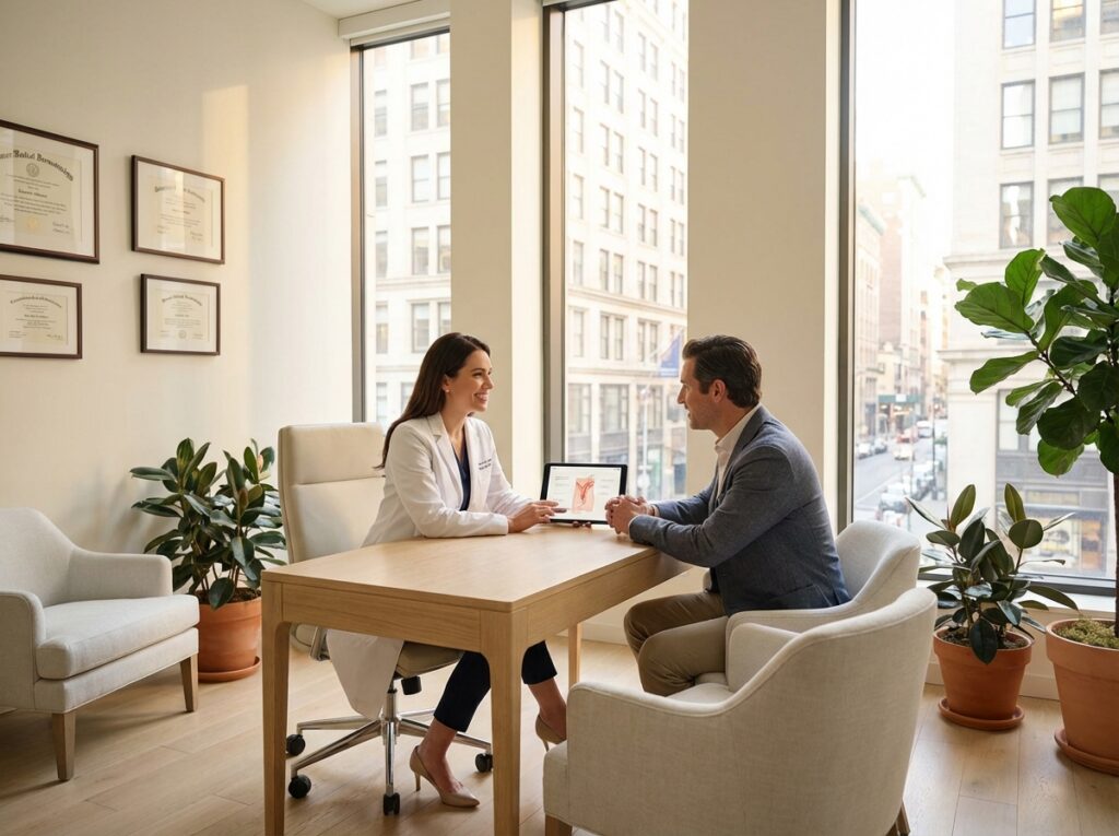 Dermatologist consulting with patient about hair loss treatment in modern NYC clinic