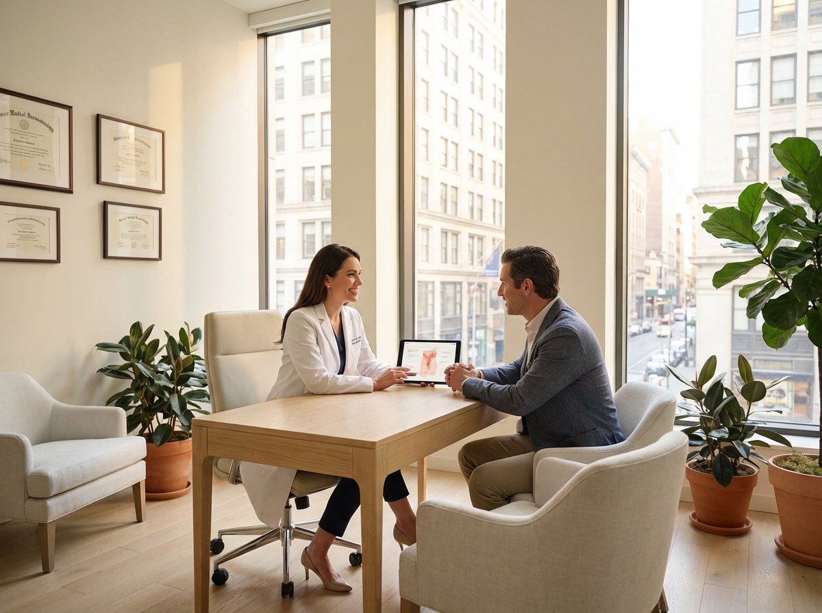 Dermatologist consulting with patient about hair loss treatment in modern NYC clinic