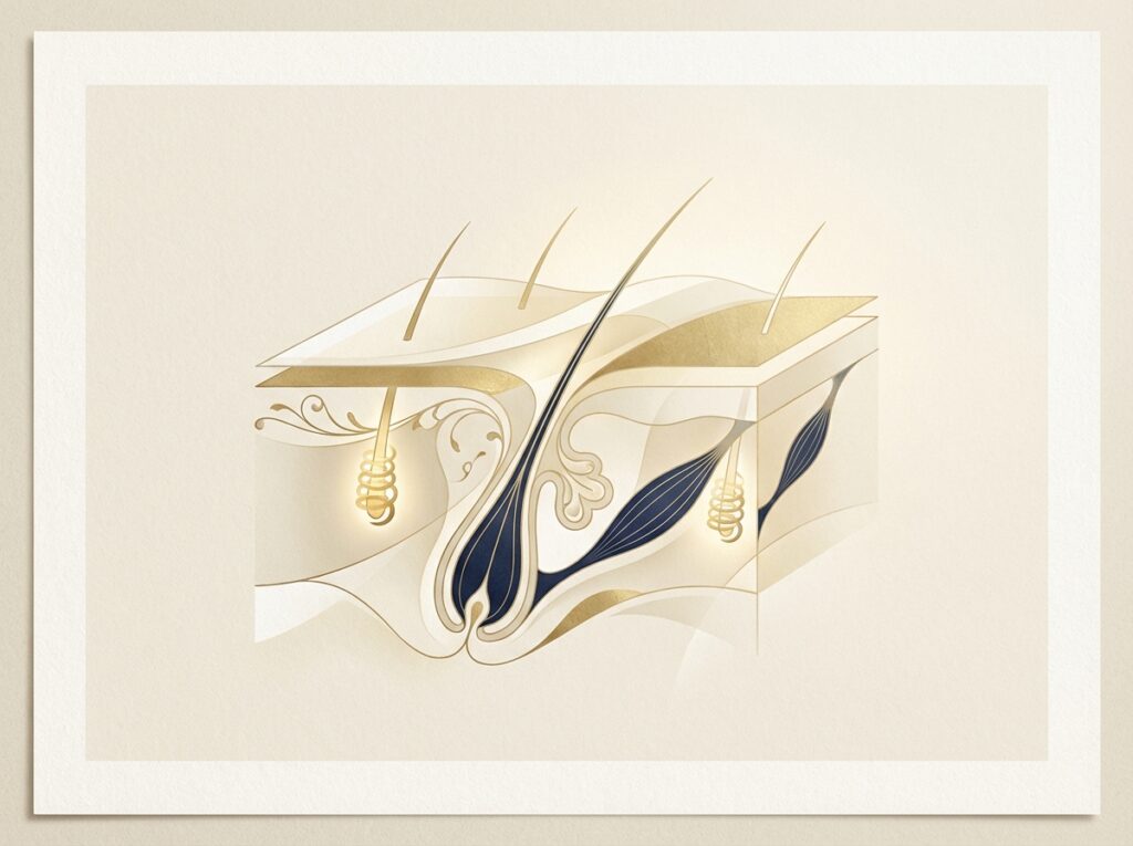 Elegant illustrated diagram of scalp anatomy concepts representing the follicular unit extraction technique explained