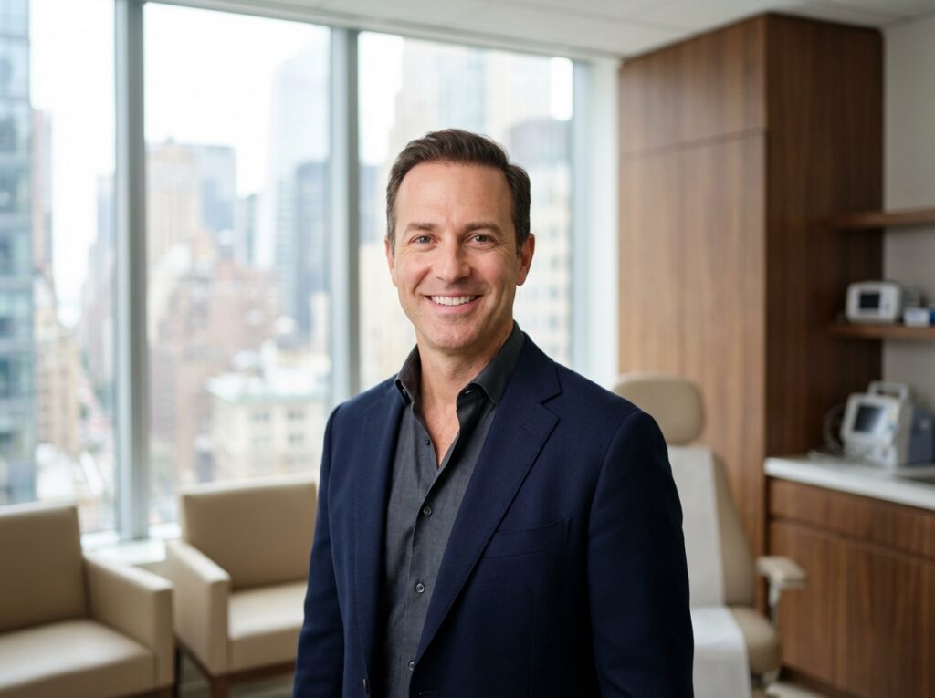 Confident man with natural hair transplant results in modern NYC medical office