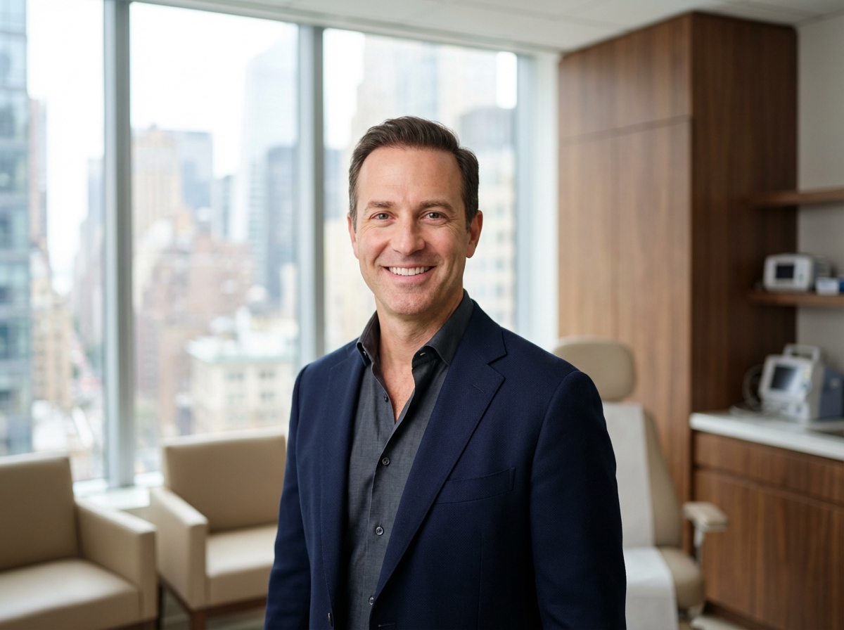 Confident man with natural hair transplant results in modern NYC medical office