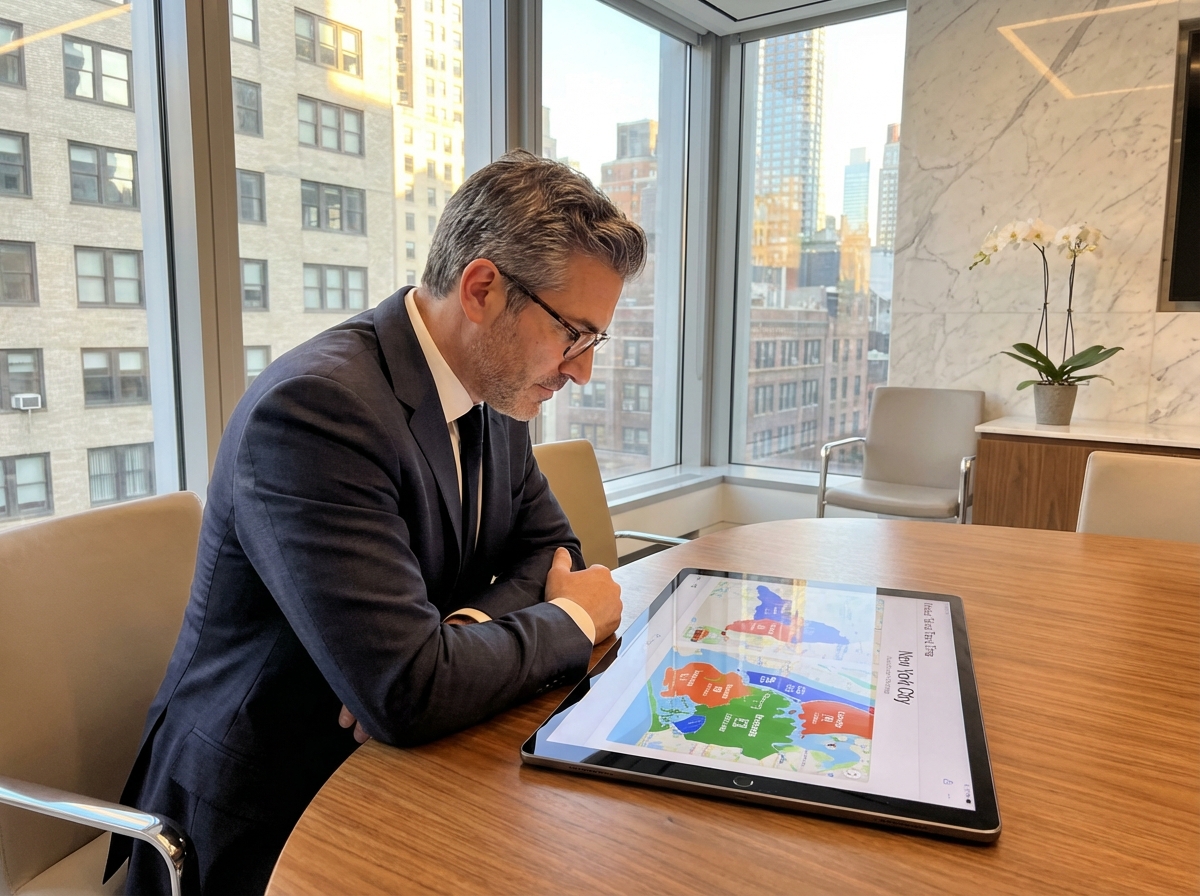 Professional reviewing NYC travel analysis map for hair restoration near me decision in modern Manhattan office