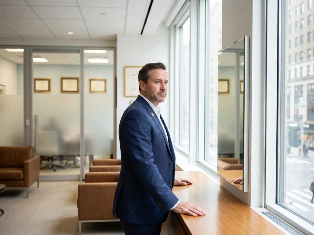 Confident man contemplating hair restoration decision in upscale NYC consultation room