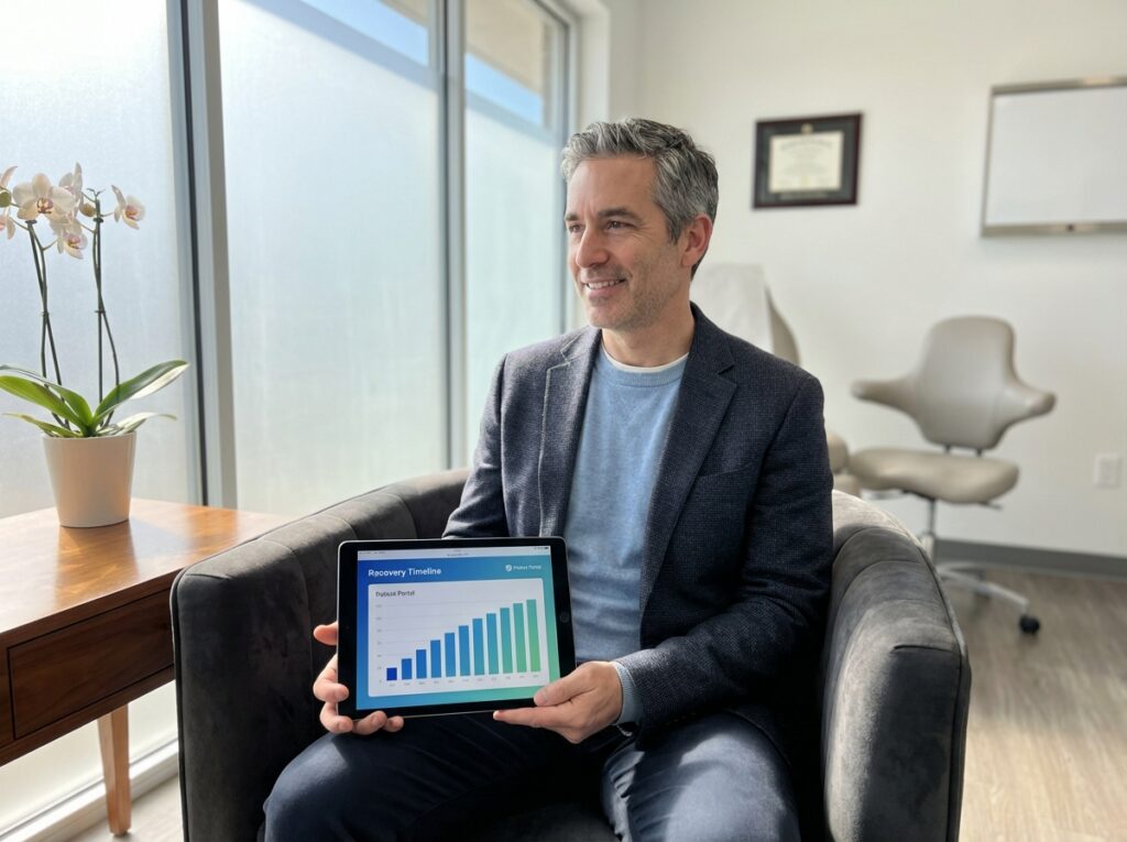 Confident patient reviewing hair transplant pain level recovery timeline in modern consultation room