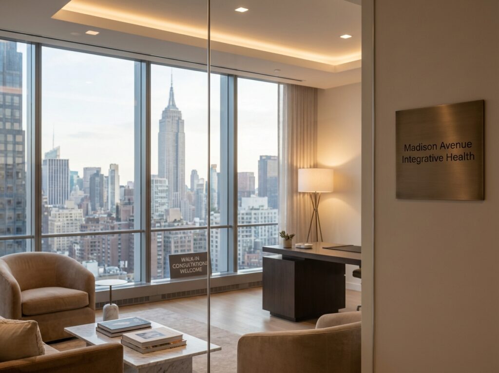 Elegant Manhattan hair restoration consultation room showing proximity advantage for local patients
