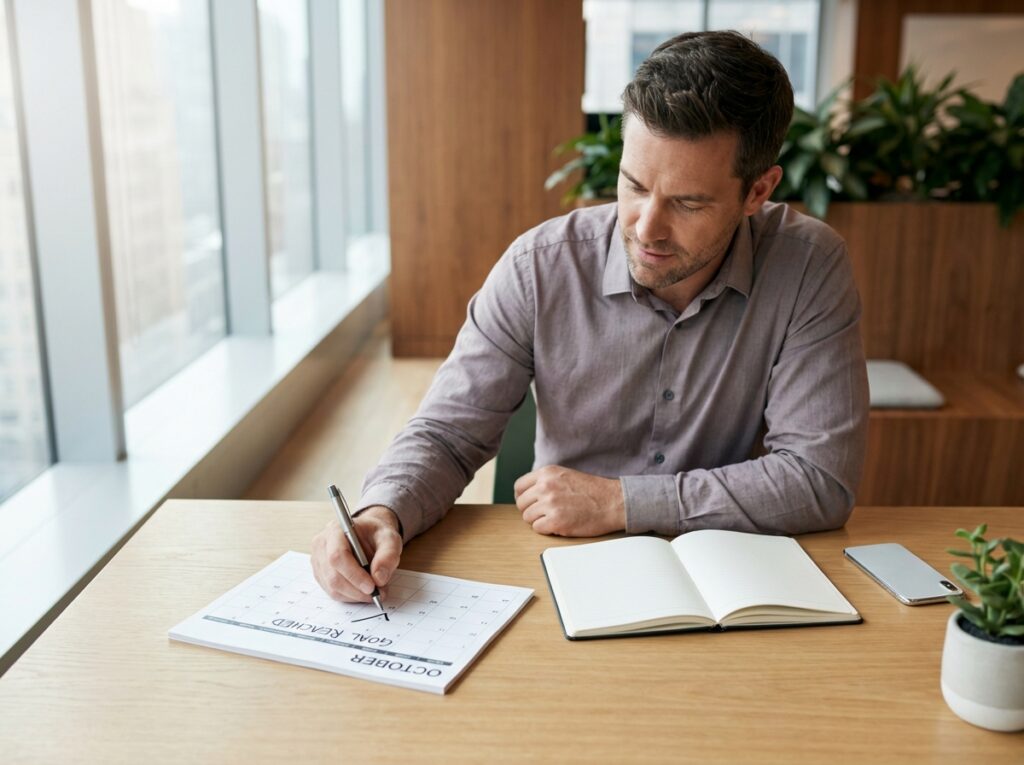Man confidently making treatment decision for hair loss men at organized desk with calendar