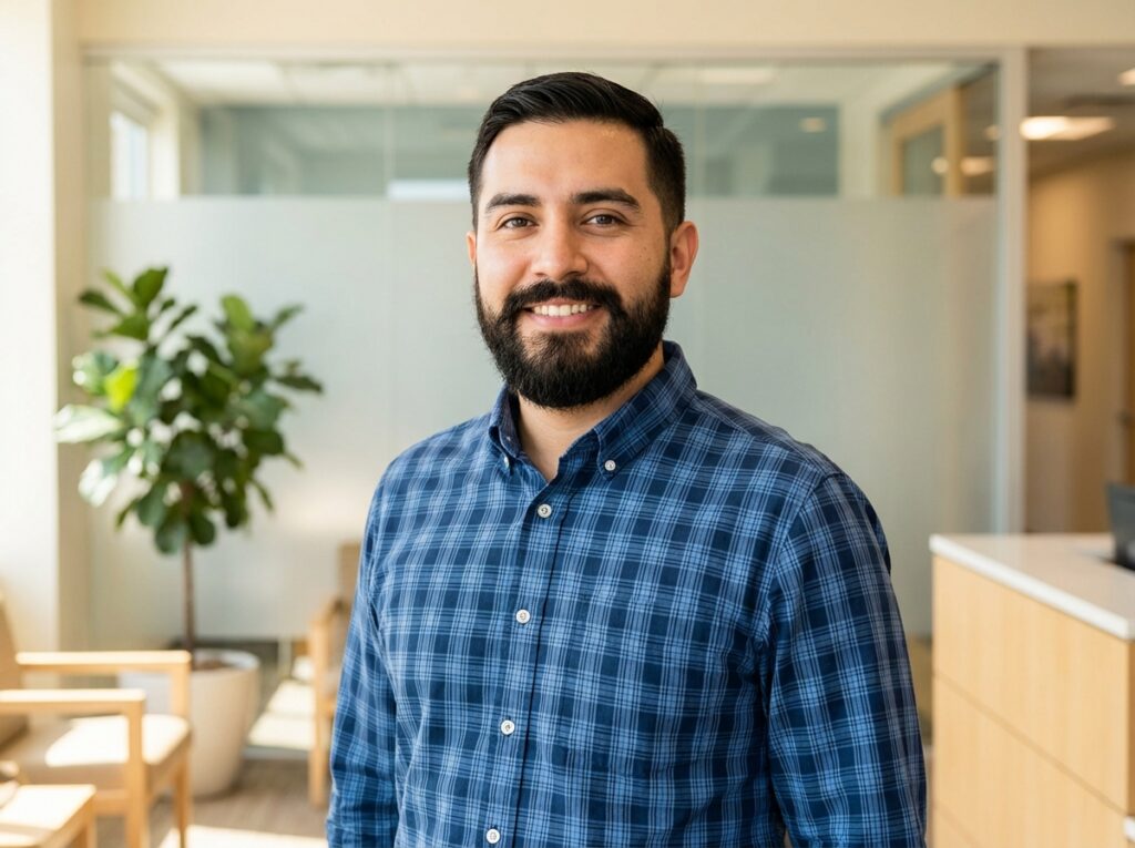 Confident man with full beard after gender affirming facial hair transplant in modern NYC medical office