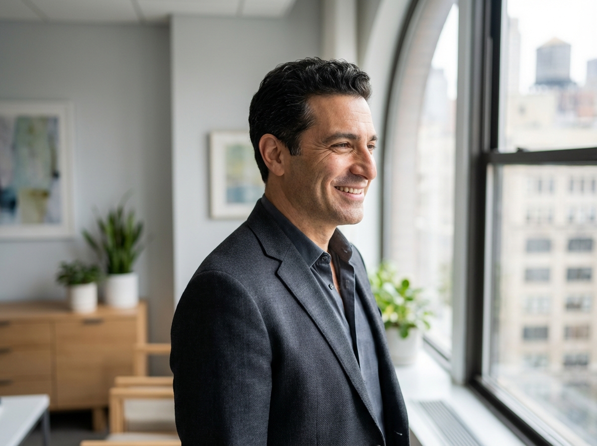 Confident man showing natural looking hair transplant results with undetectable hairline
