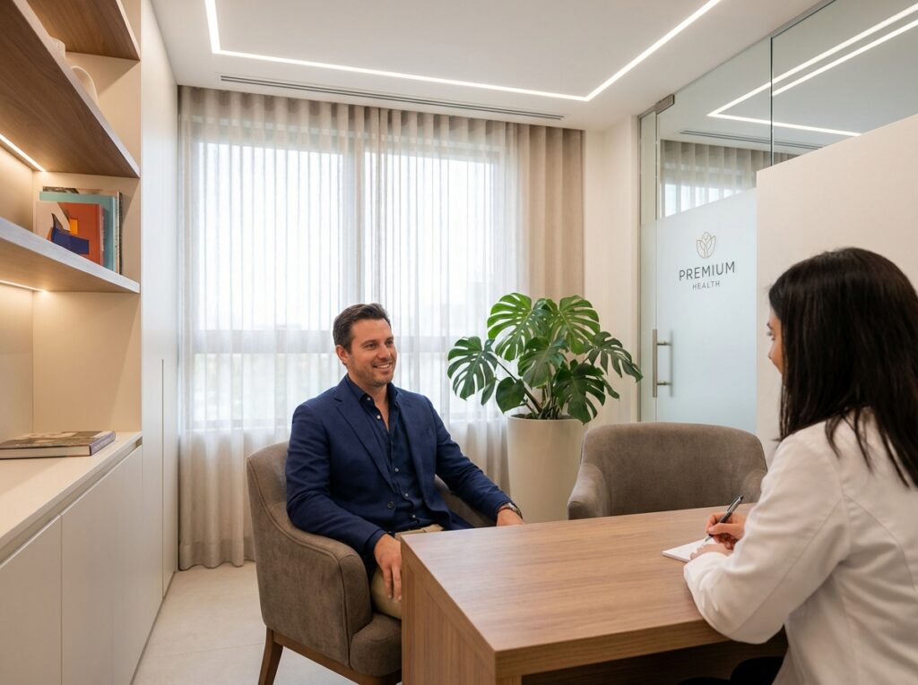 Man in consultation for best hair loss treatment for male pattern baldness in modern NYC clinic