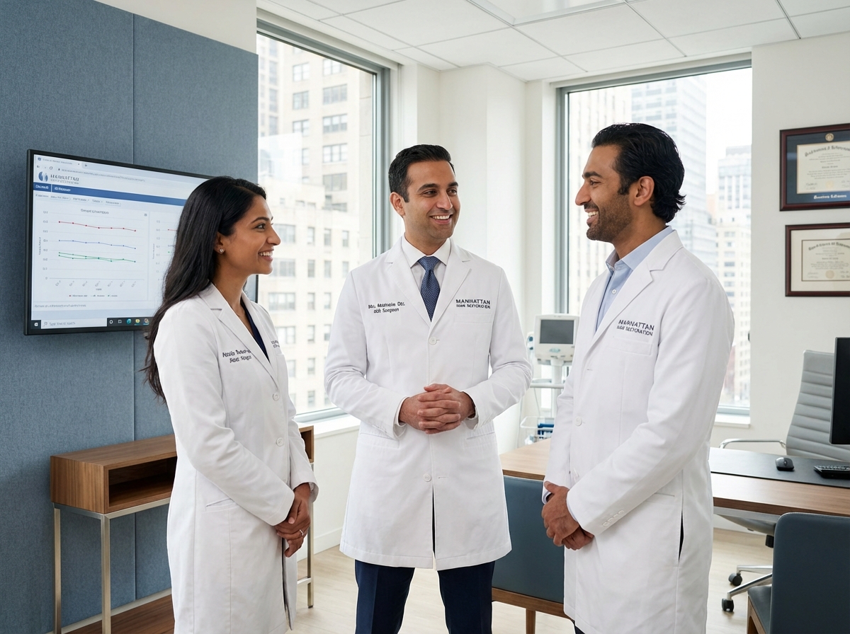 Team of hair restoration doctors collaborating in modern Manhattan clinic consultation room