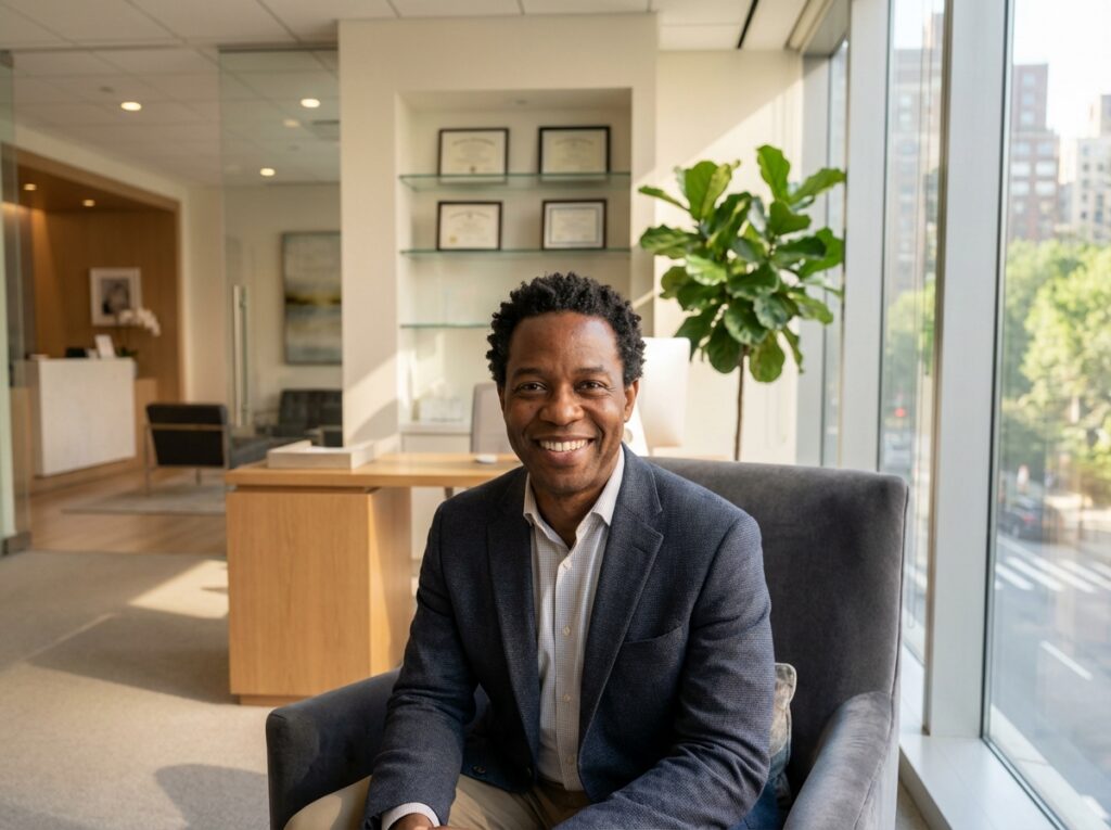Confident African American man in modern hair transplant consultation room at Hair Doctor NYC