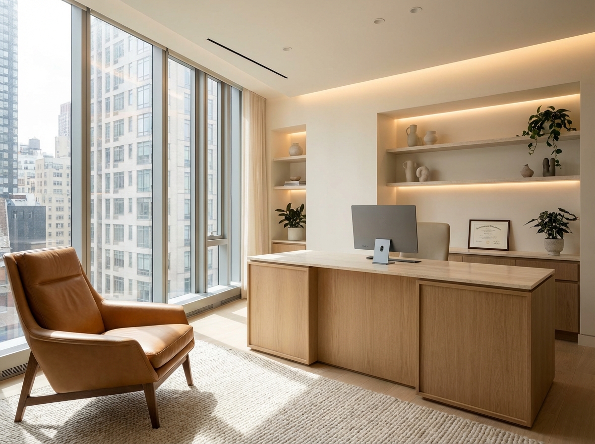 Luxury hair transplant procedure consultation room at modern NYC clinic