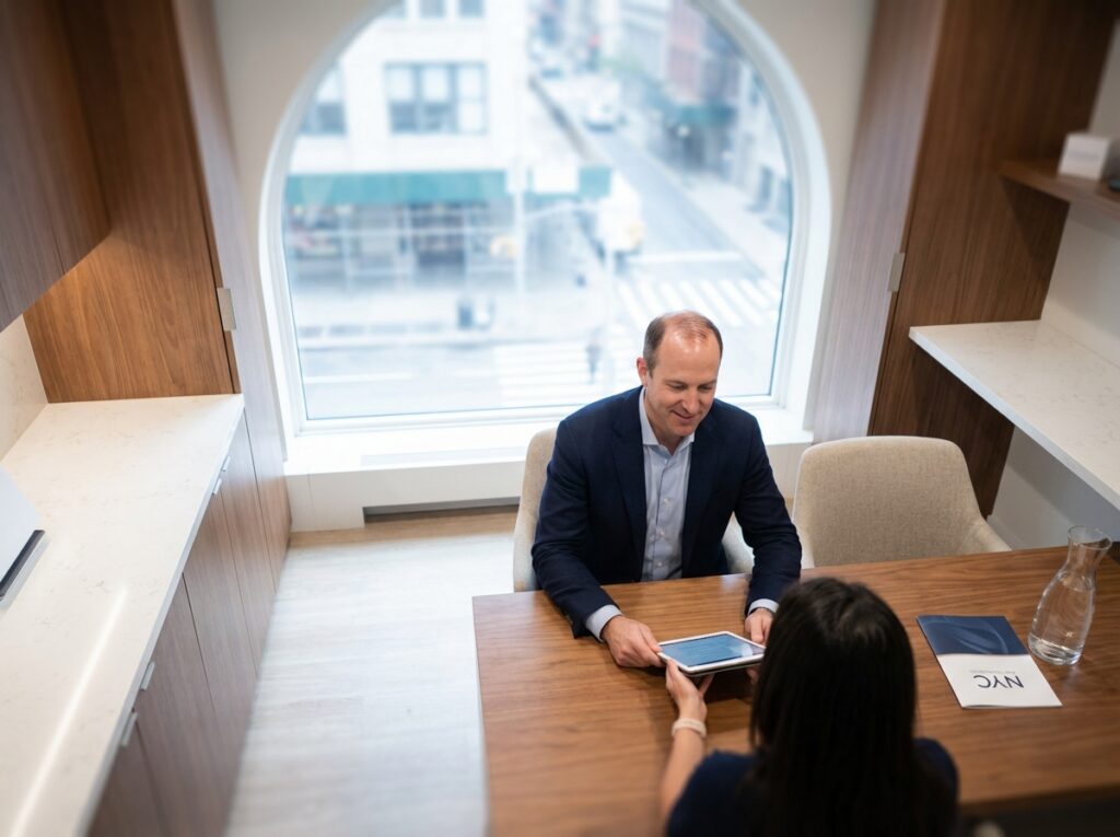 Patient consultation room at premium thinning crown hair restoration clinic in Manhattan
