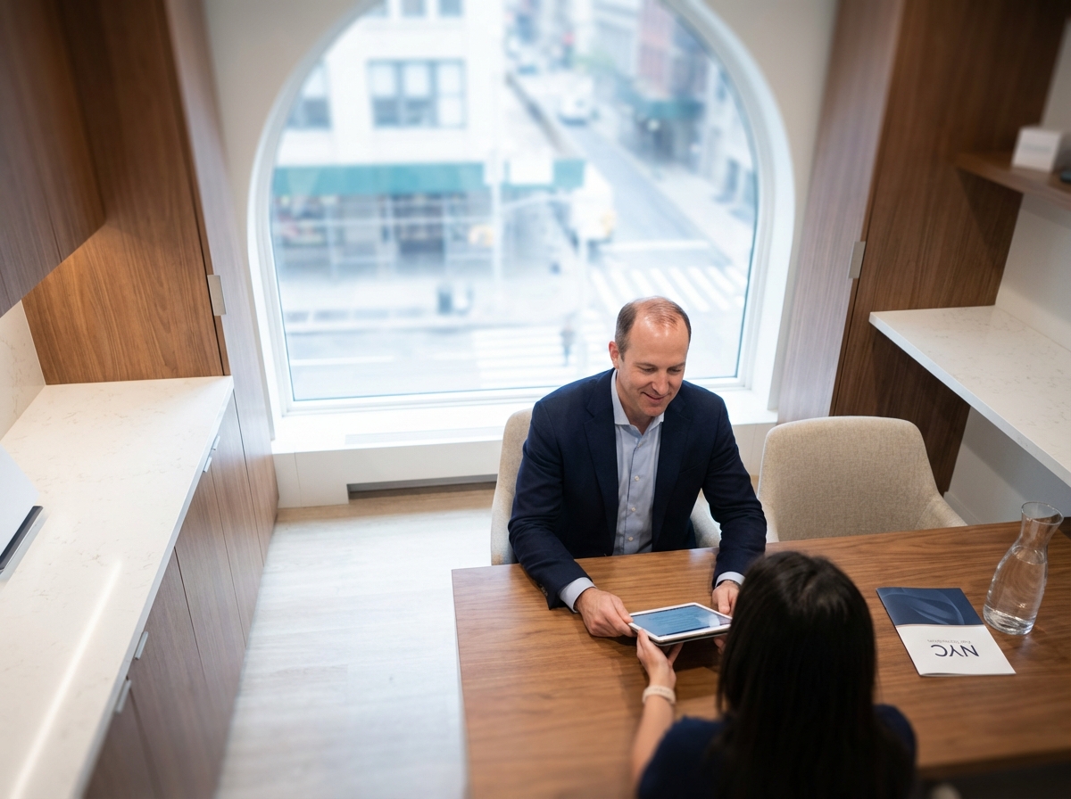 Patient consultation room at premium thinning crown hair restoration clinic in Manhattan