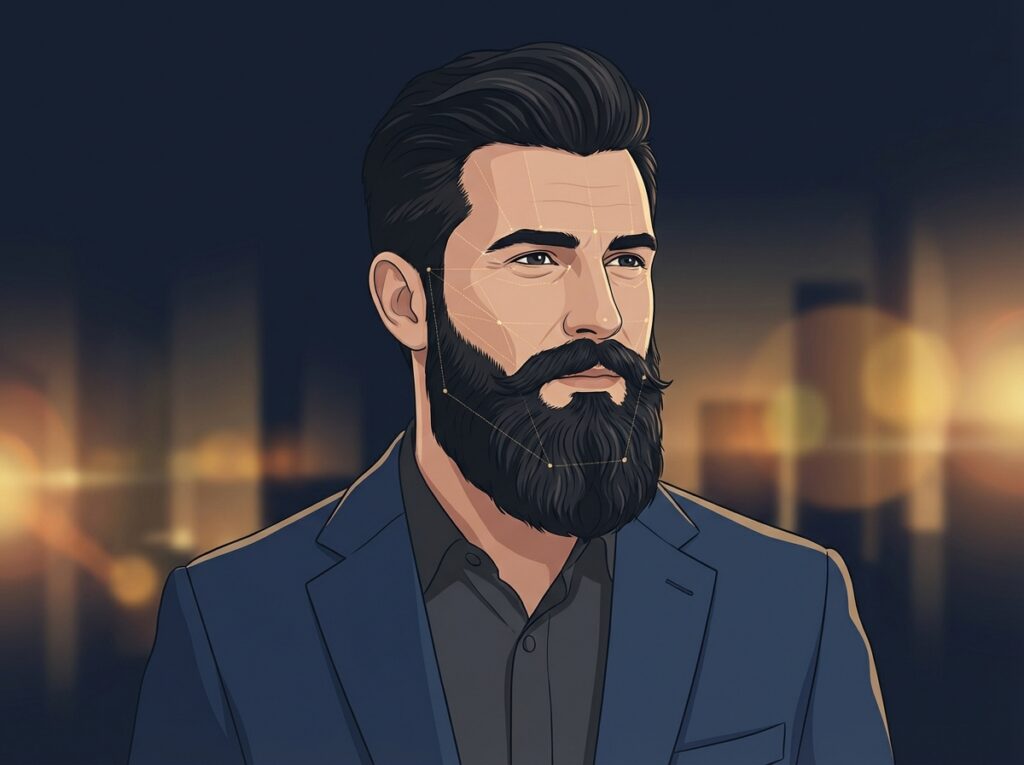 Illustrated man with defined beard and subtle facial mapping lines representing beard transplant NYC artistry
