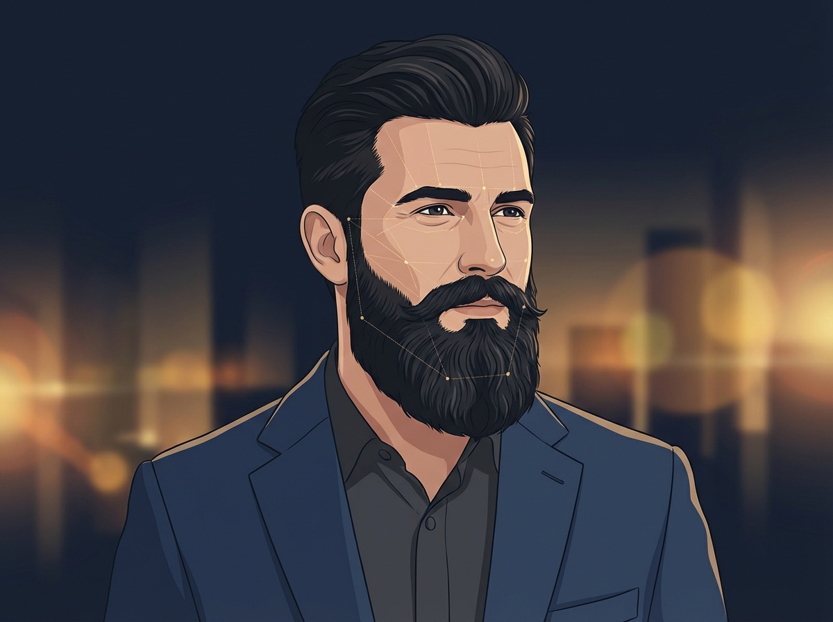 Illustrated man with defined beard and subtle facial mapping lines representing beard transplant NYC artistry