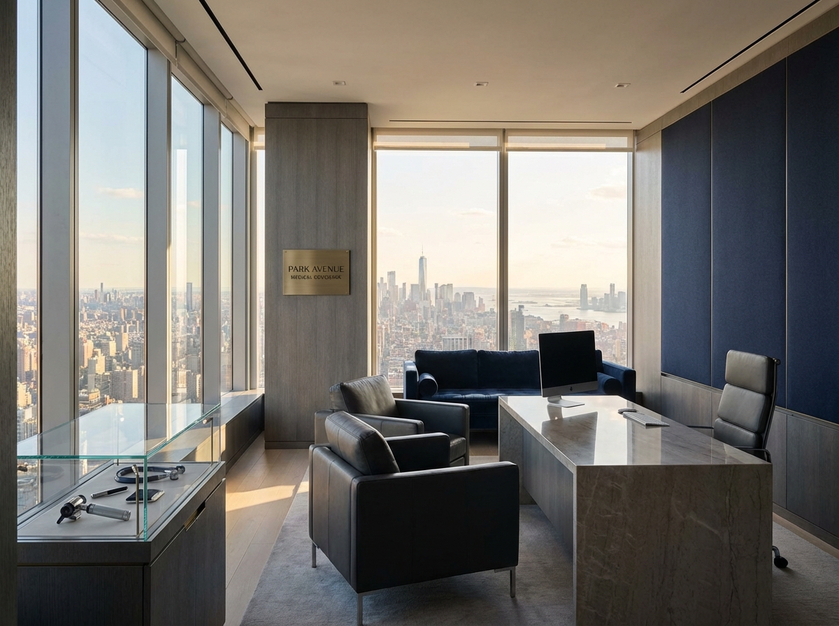 Elegant consultation room representing best hair transplant NYC clinic with Manhattan skyline view
