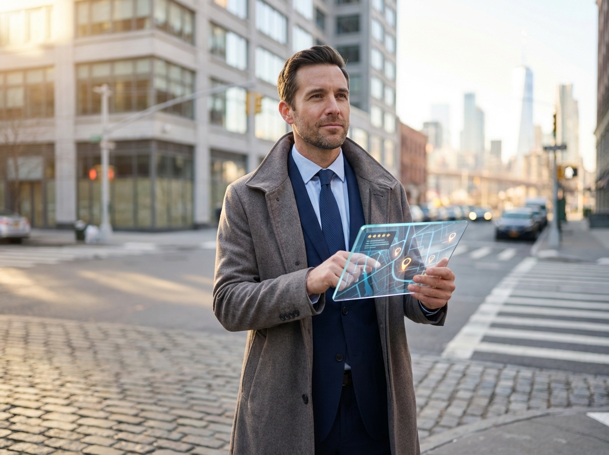 Professional man evaluating hair transplant clinic locations on digital map showing quality vs proximity