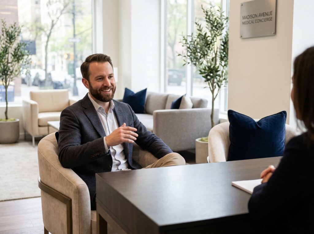 Man consulting about receding hairline treatment options in modern NYC medical office