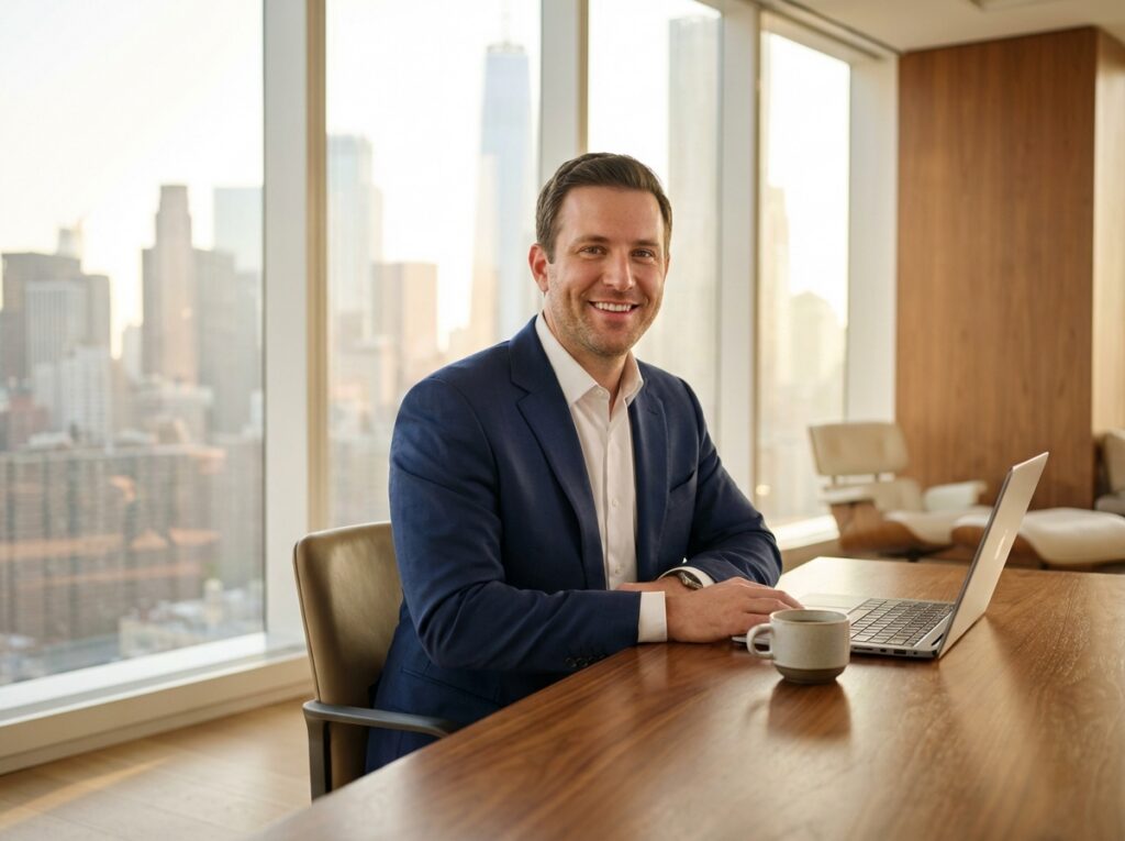 Professional Manhattan executive confidently working in modern office after hair transplant recovery time