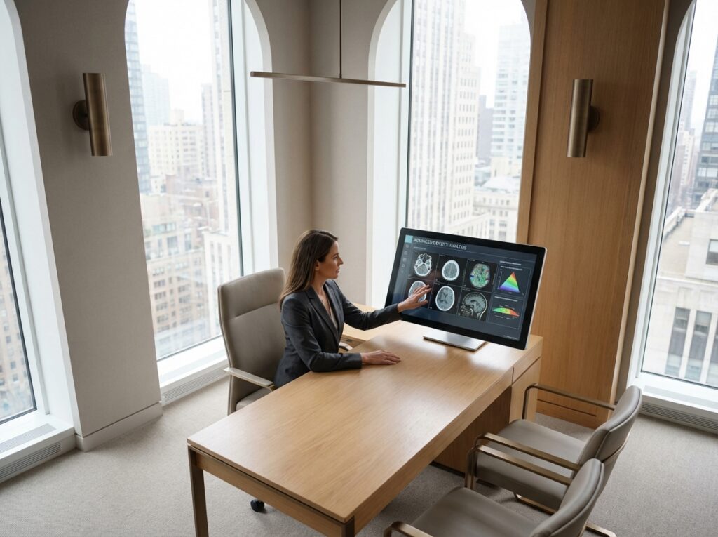 Professional reviewing hair density mapping charts for dense hair transplant results consultation