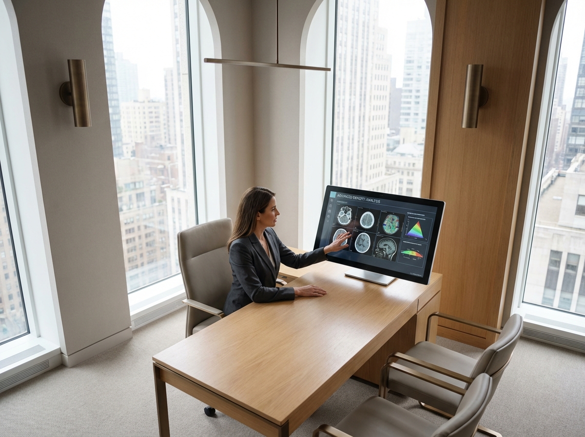 Professional reviewing hair density mapping charts for dense hair transplant results consultation