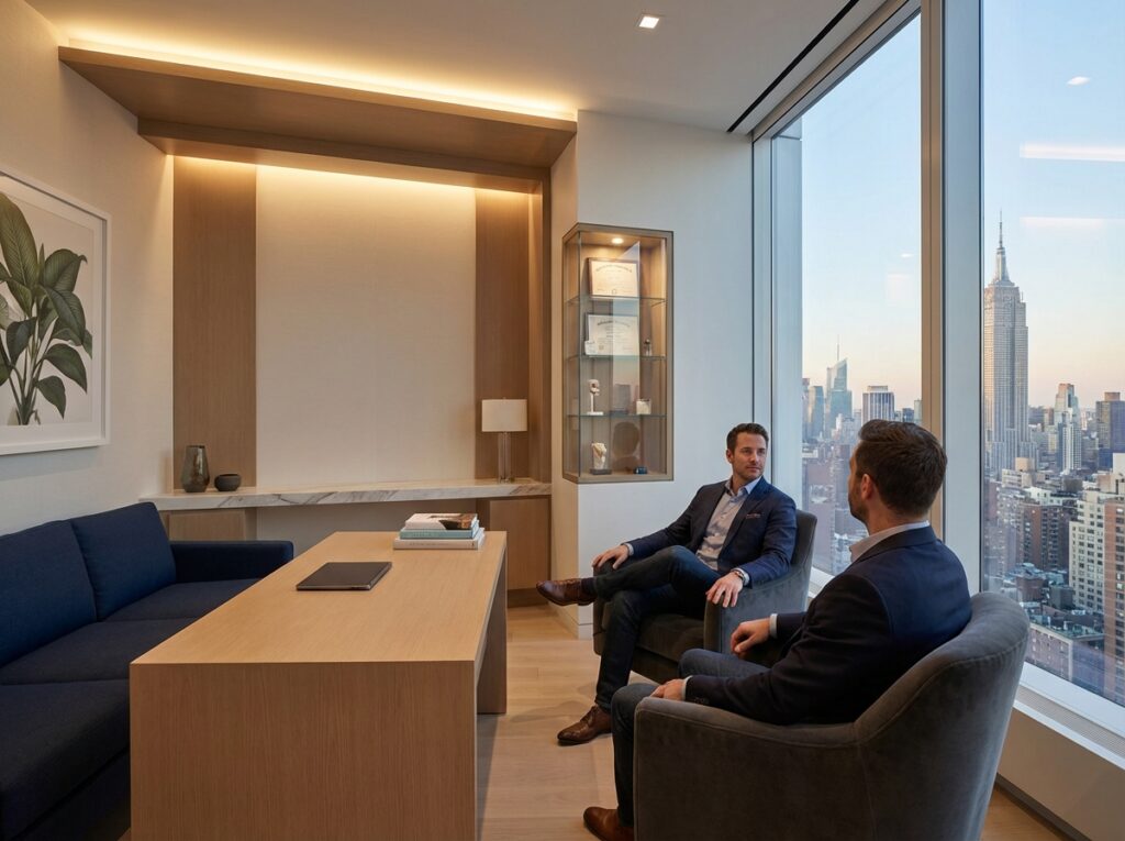 Professional men's hair loss treatment consultation room in upscale NYC medical office