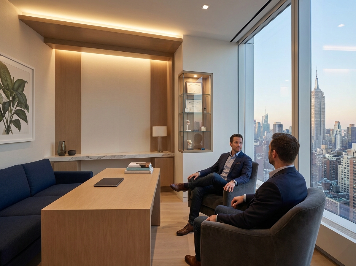 Professional men's hair loss treatment consultation room in upscale NYC medical office