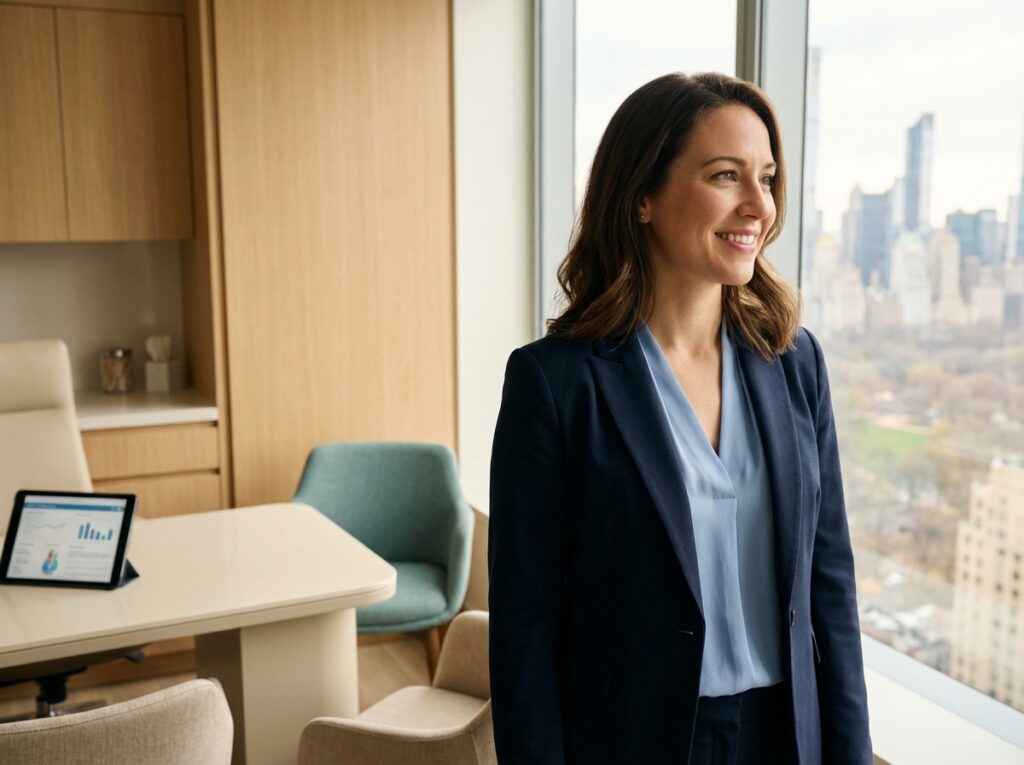 Confident person in modern NYC medical office considering hair loss medication treatment options