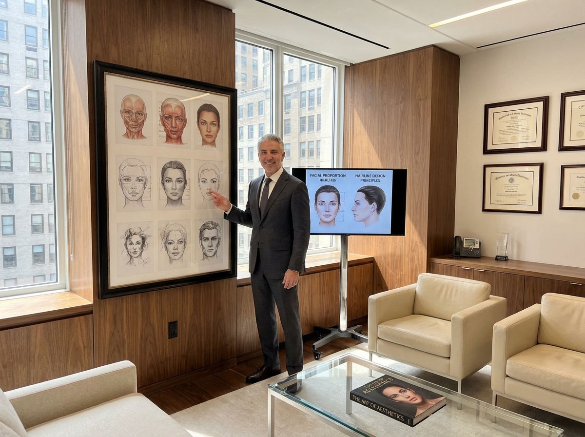 Facial plastic surgeon in modern NYC office with facial anatomy and hairline design references