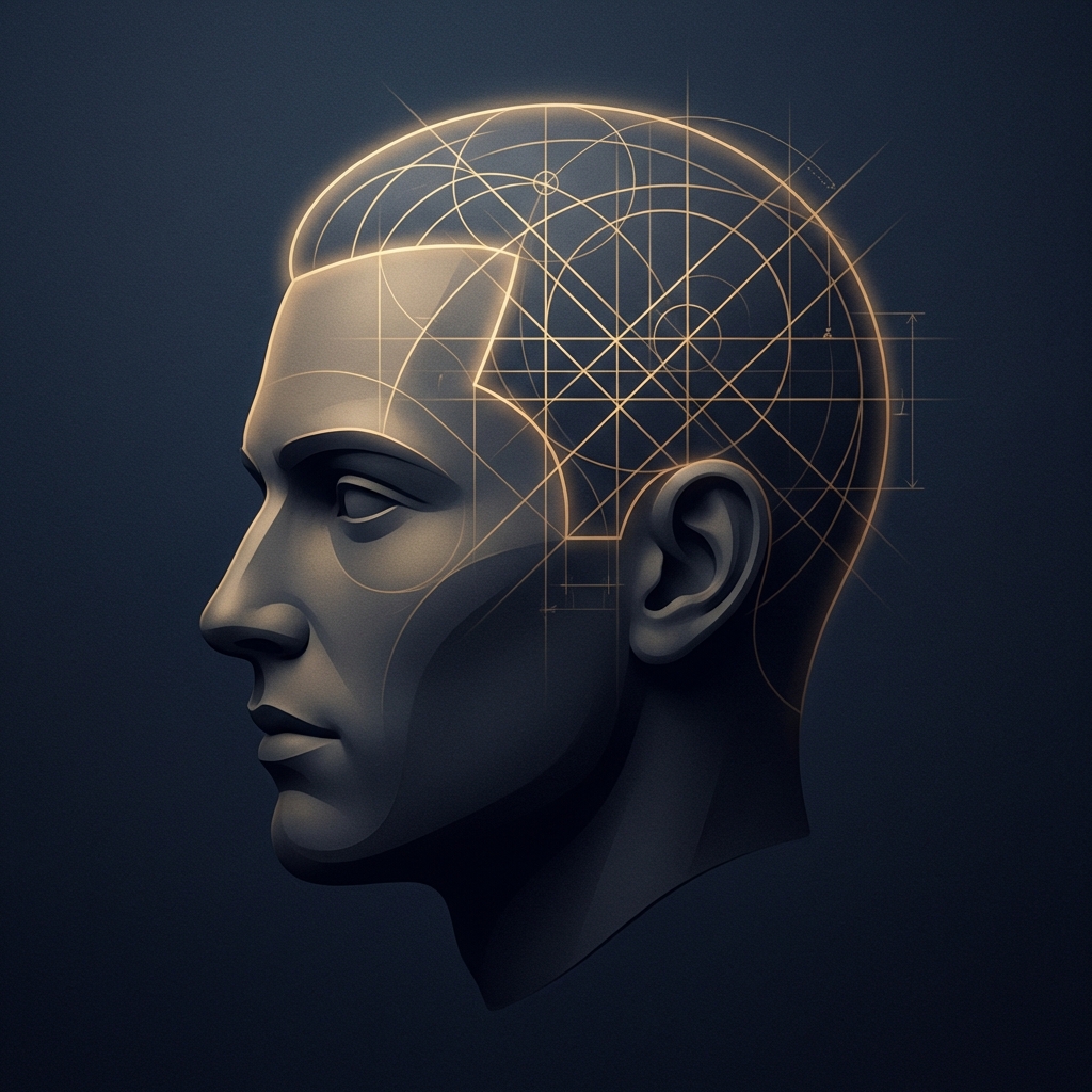 Conceptual illustration of geometric facial mapping lines representing hair transplant hairline design planning