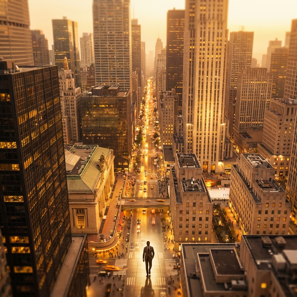 Midtown NYC Madison Avenue skyline at golden hour, representing accessible hair loss clinic location for Manhattan professionals
