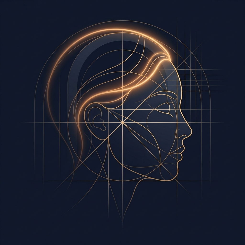 Conceptual illustration of geometric facial mapping lines representing hair transplant hairline design planning