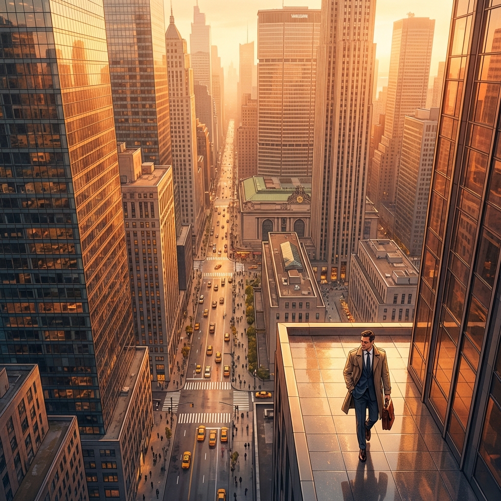Midtown NYC Madison Avenue skyline at golden hour, representing accessible hair loss clinic location for Manhattan professionals