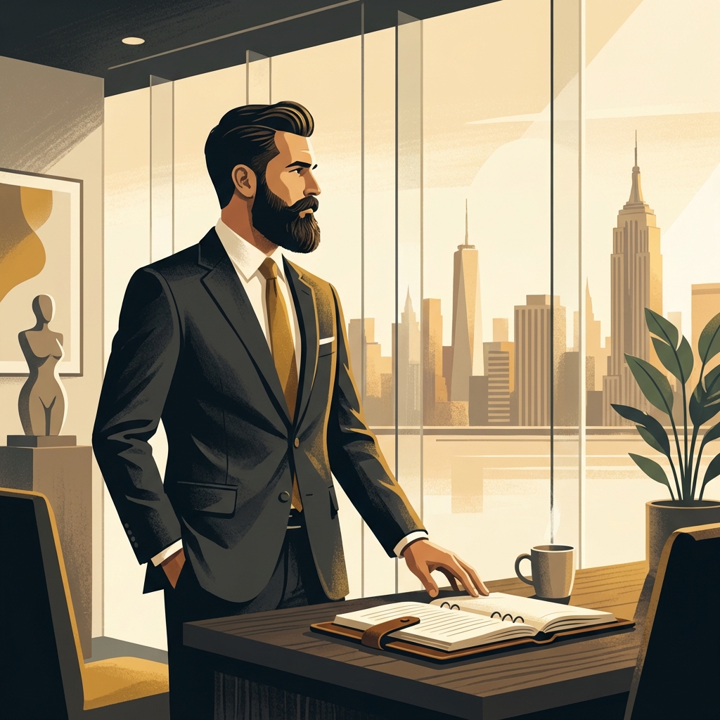 Confident man with full hair in modern NYC office, representing a strategic hair transplant second procedure plan