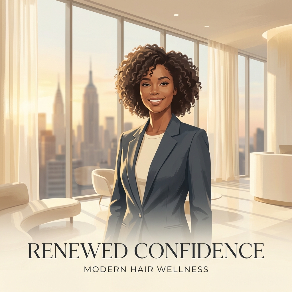 Confident woman with restored healthy hairline in a modern NYC hair restoration clinic, representing hope after traction alopecia.