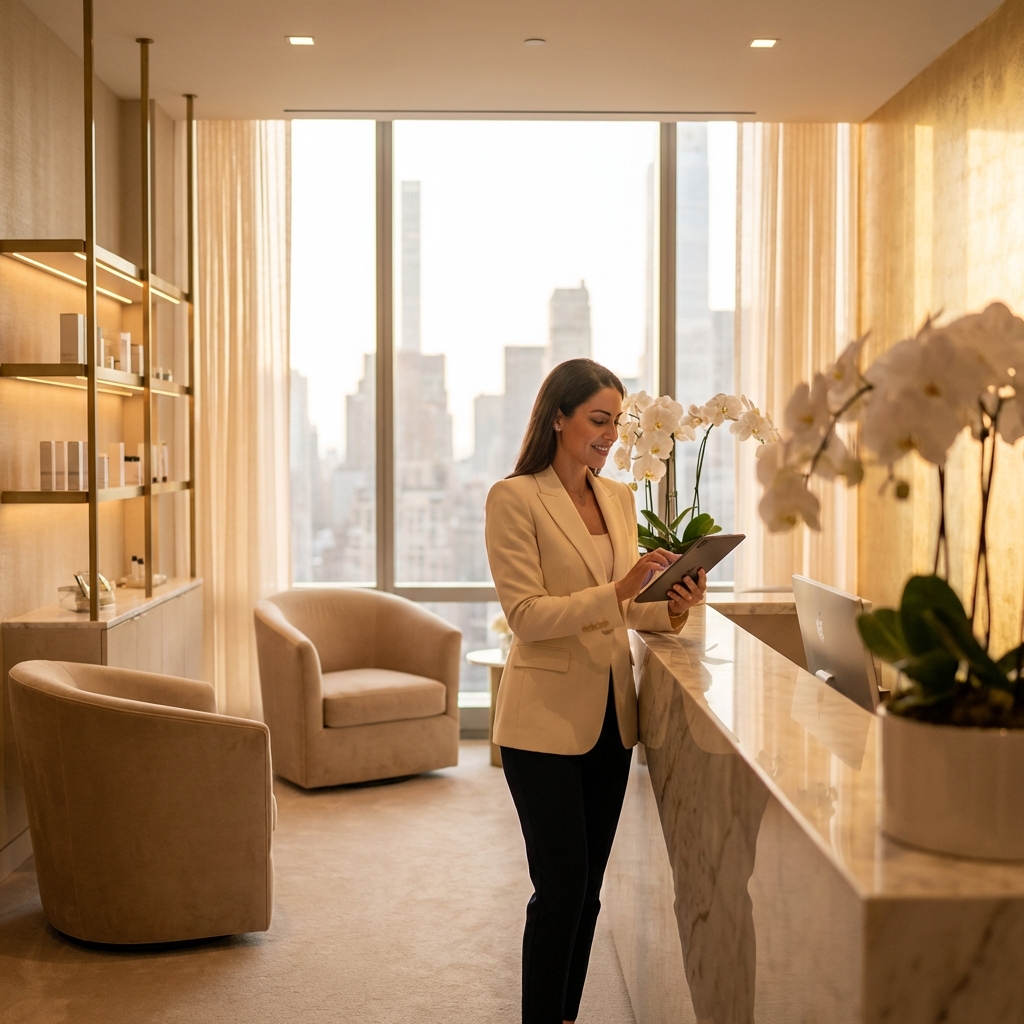 Elegant luxury hair restoration NYC clinic reception area with sophisticated Manhattan ambiance and refined white-glove atmosphere